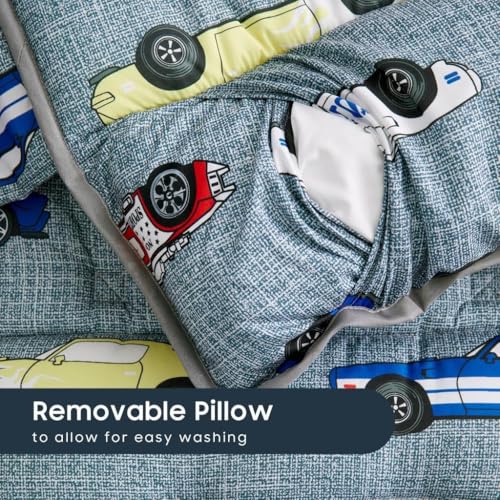 wake in cloud - toddler nap mat with pillow and blanket for kids boys in kindergarten daycare preschool pre k roll up sleeping bag cars vehicles trains airplanes grey standard