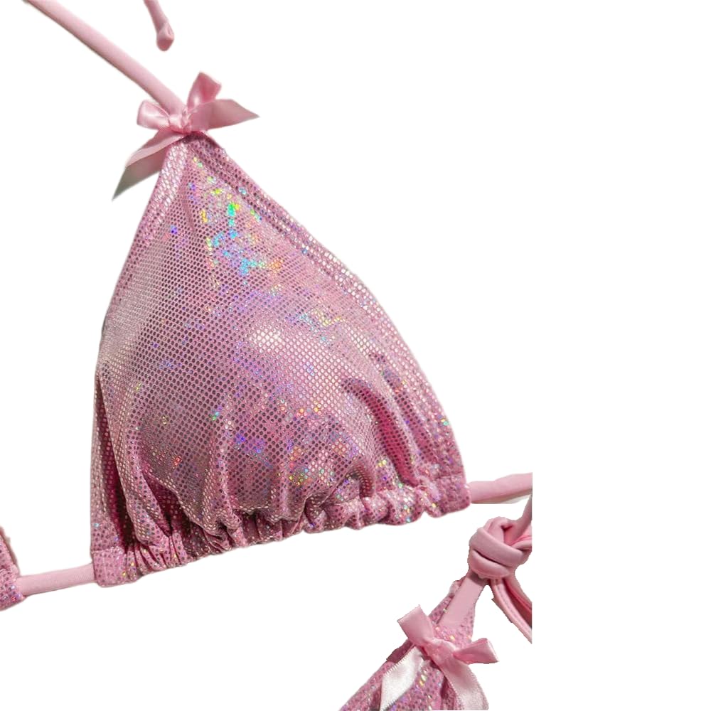 JJDFW Bikini Rose Brillant Extrême String Maillot de Bain Dos Nu Push Up Bowknot Vacances Maillots de Bain Femmes Micro Tangas Plage Maillot de Bain