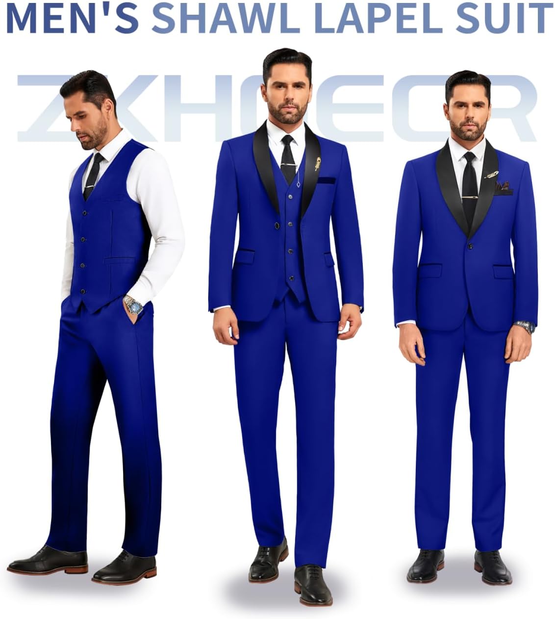 Men's 3 Piece Slim Fit Suit One Button Shawl Lapel Jacket Vest Pants Tuxedo Set with Bow Tie Pocket Square