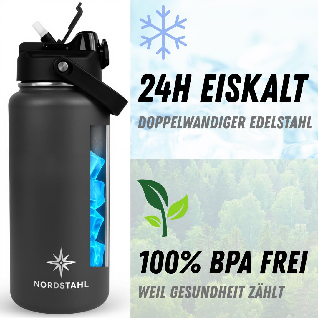 Bouteille isotherme, 2 en 1, 2 en 1, avec paille, 100 % lave-vaisselle, froid glacé 24 h, chaud 12 h, gourde isotherme de 2 l, en acier inoxydable, sans BPA et anti-fuite, gris polaire