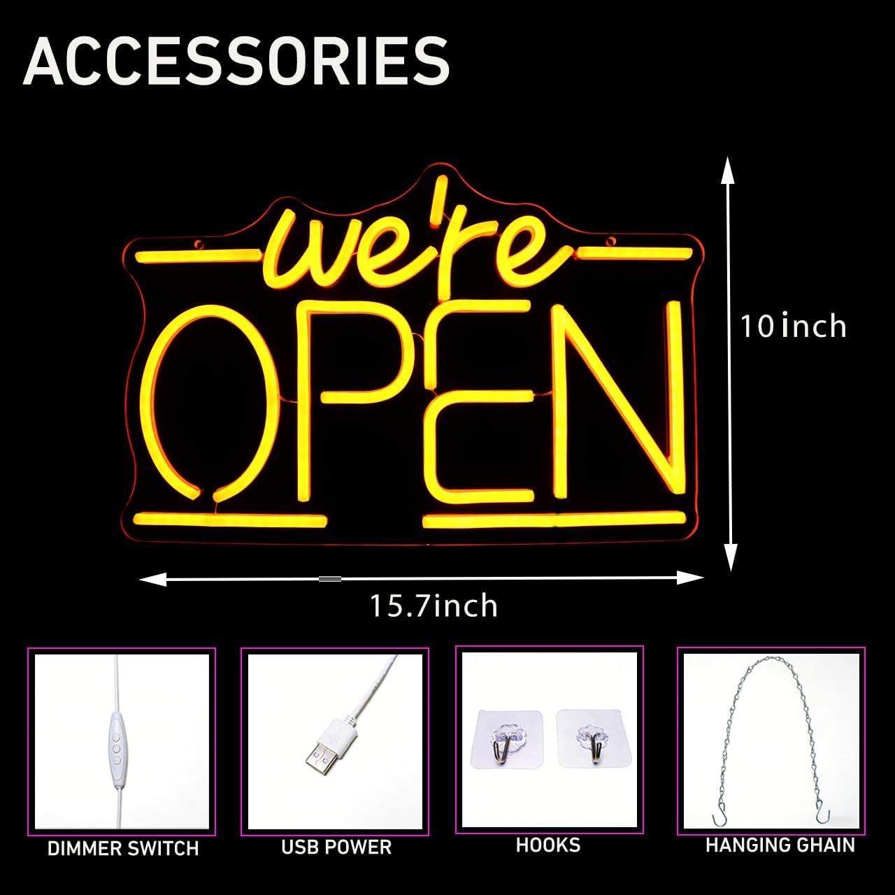 We Are Open Neon Sign for Wall Decor,Dimmable LED Light for Business Coffee Shop Store Bar Restaurant Pub Salon Hotel, Welcome Sign for Window Door, Yellow 15.7X10 inch