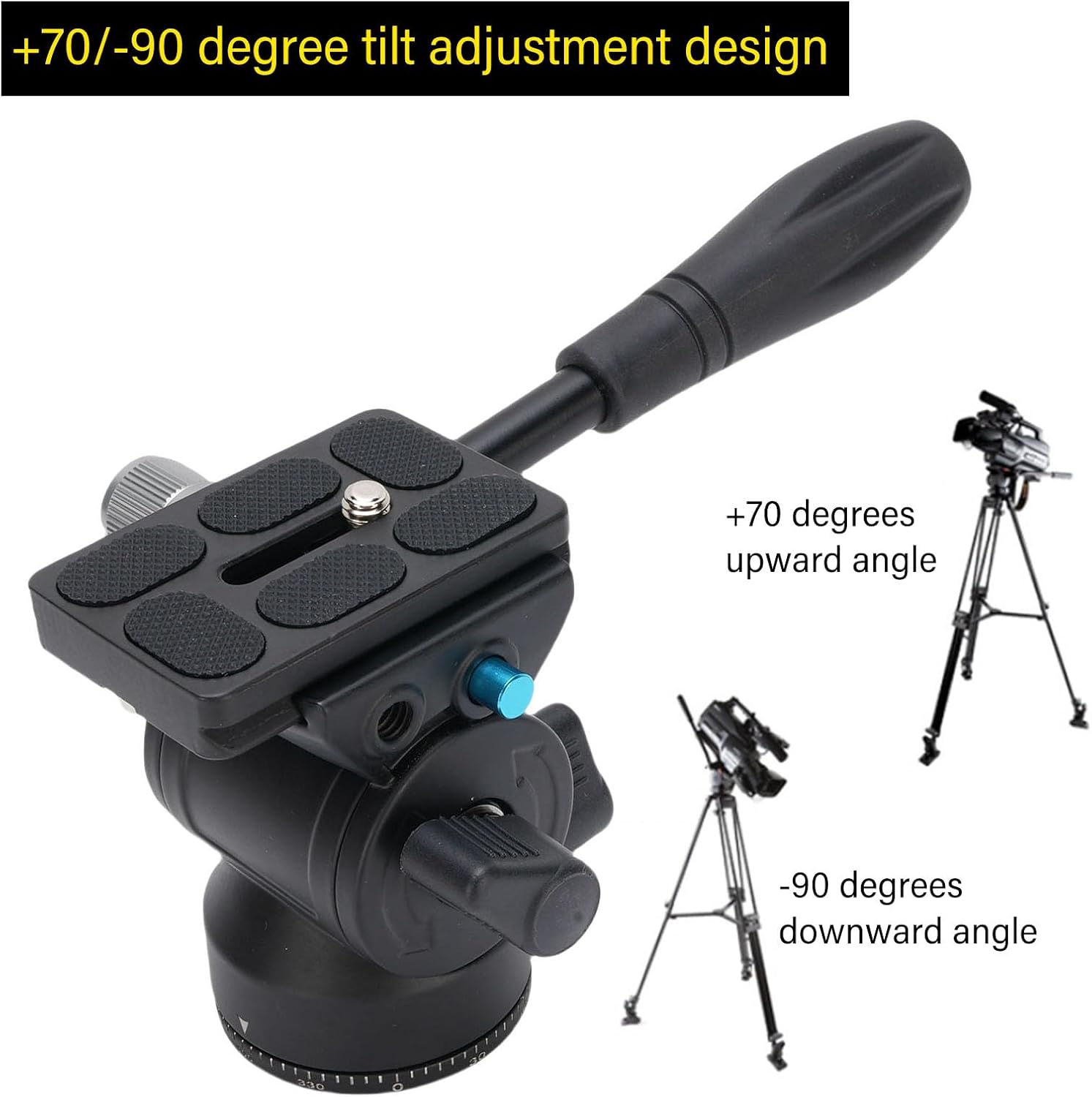 Asixxsix Tripod Fluid Head, 360° Panorama Aluminum Alloy Video Tripod Head with Handle Support 90° -70° Tilt, Max Load 11lbs, 45mm Base, 3/8 inch Screw Hole for DSLR Camera