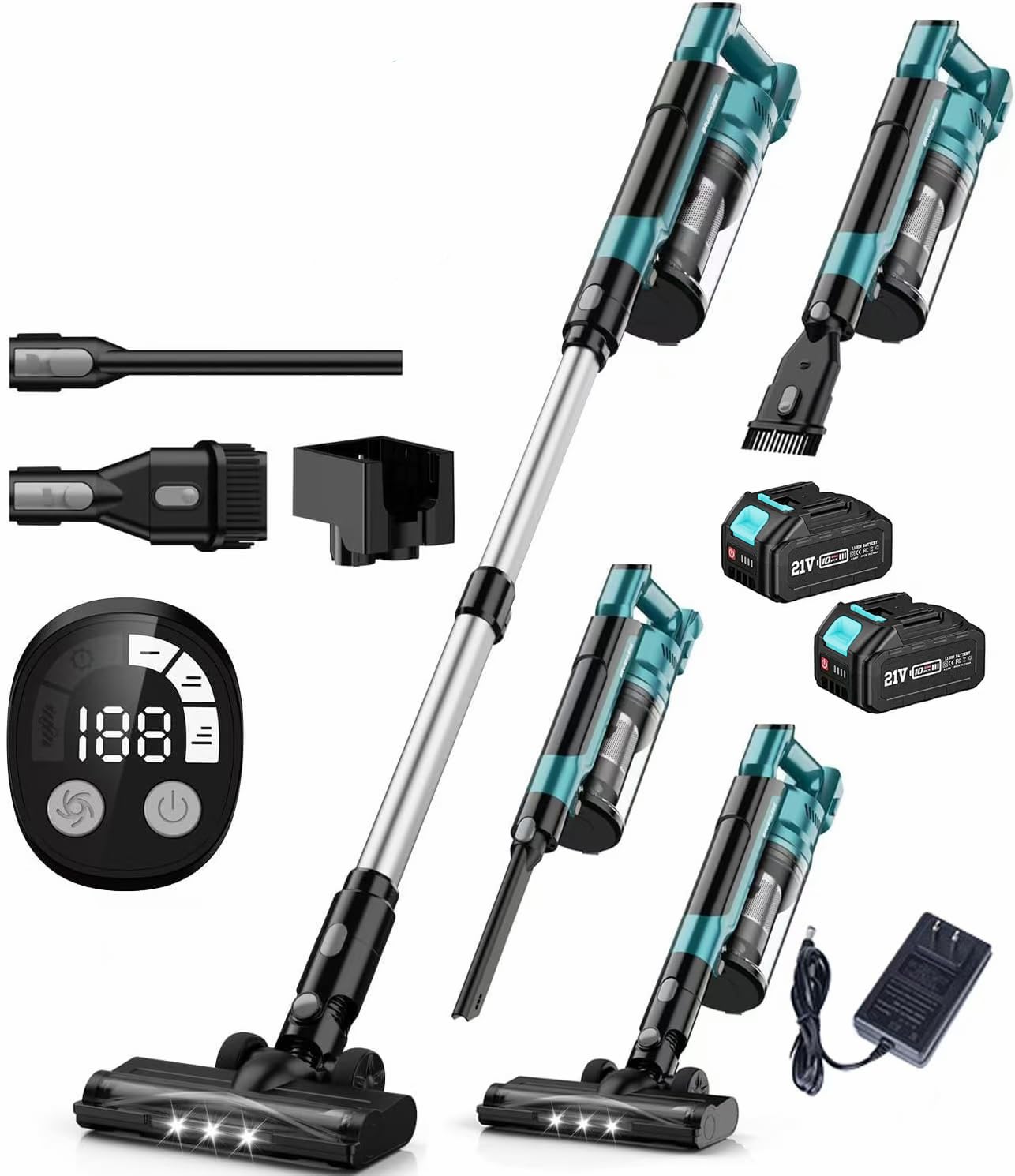 700W/60KPa/70Mins Aspirateur Balai sans Fil Puissant avec 2*4,0Ah Batteries Amovible, avec Rechargeable Support Mural, Brosse Anti-Enchevêtrement, Écran LED, pour Sols Durs/Animaux/Voiture
