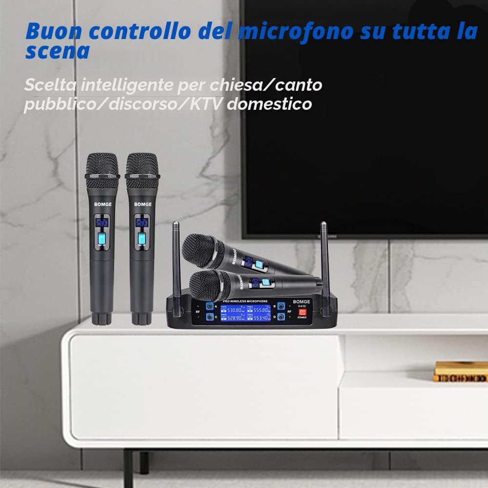 BOMGE Sistema microfonico senza fili, professionale a 4 canali, set con quattro microfoni portatili, frequenza fissa, lungo raggio di 61 m, ideale per chiesa, karaoke, eventi (V410)
