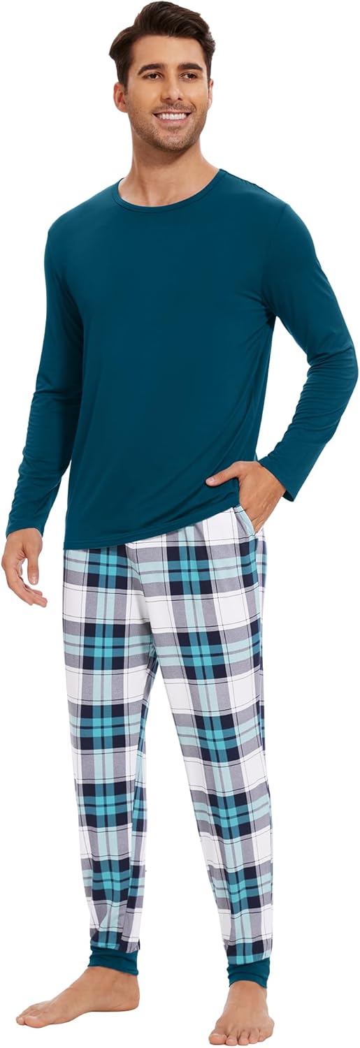 WiWi Men's Bamboo Viscose Pajama Sets Super Soft Long Sleeve Sleepwear Loungewear Cooling Pjs with Pockets Drawstring S-XXL