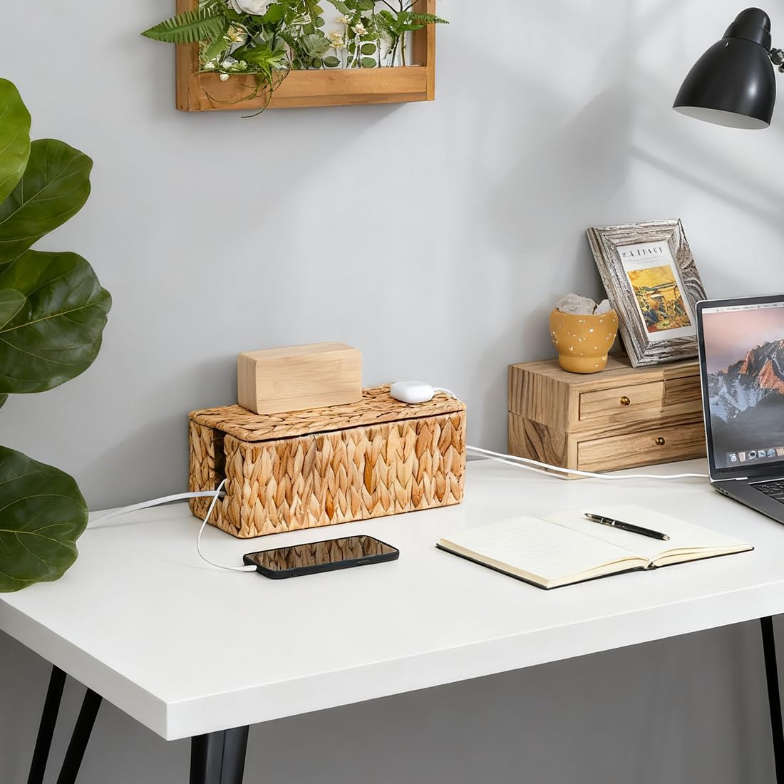 CEWROM 2 Stück Handgefertigte Wasserhyazinthe Kabelbox, Kabelbox mit Steckdosenleiste mit Abdeckung, Kabelaufbewahrung mit Seitlicher Öffnung, Kabelmanagementbox für Büro, Zuhause
