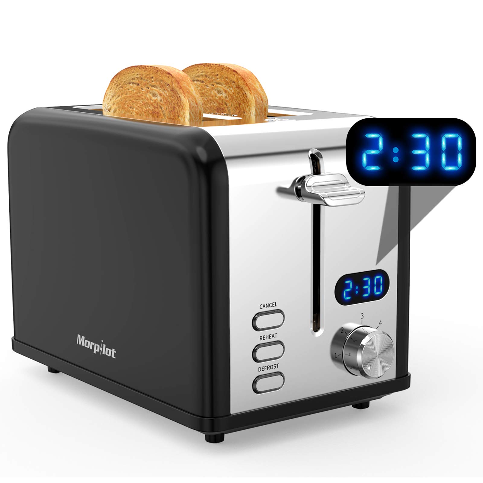 Toaster 2 Slice, Morpilot Retro Toasters with Timer, Stainless Steel Wide Slots, Removable Crumbs Tray, Black