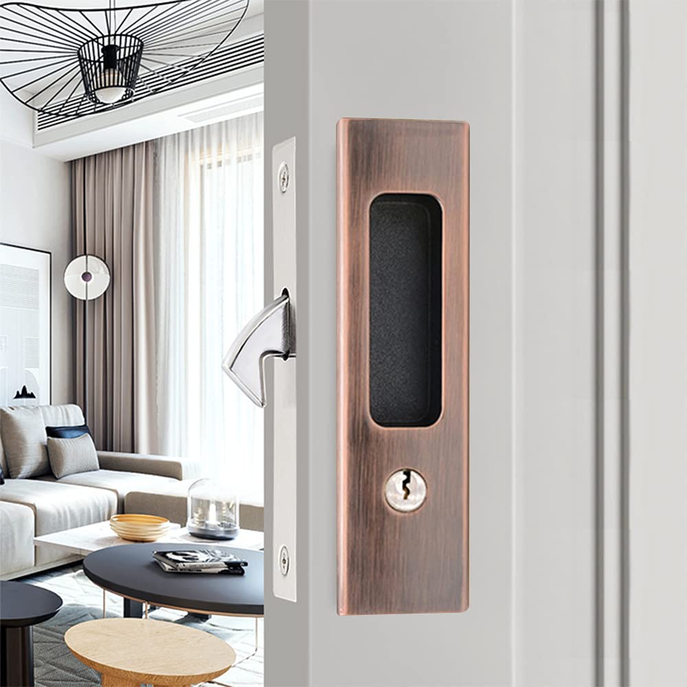 GIFSIN 6.3” Privacy Pocket Door Lock Hardware,Invisible Door Handle with Keys,Recessed Door Handle for Pocket Sliding Door Lock Furniture Hardware,Red Copper