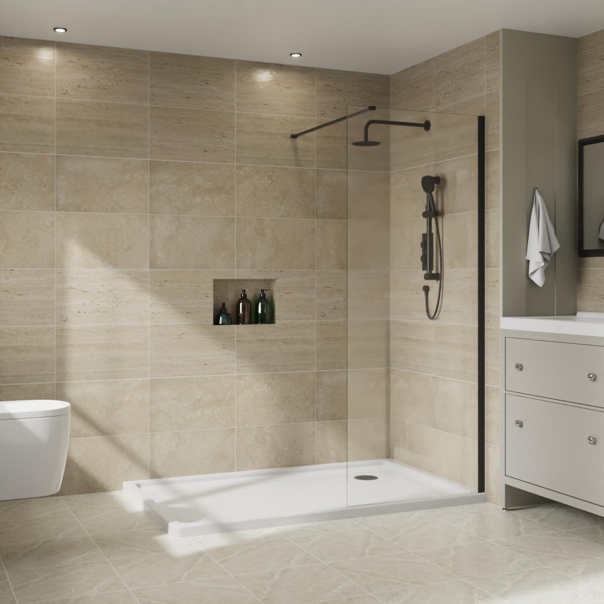 NRG 900 x 1950mm Bathroom Wet Room Screen Panel 8mm Easy Clean Glass Black Framed Walk in Shower Enclosure โ image 1