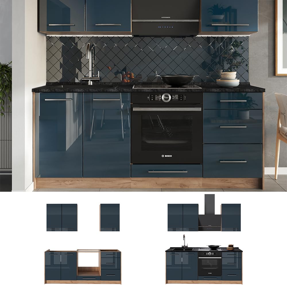 Vicco Singleküche Fame-Line, Dunkelblau Hochglanz/Goldkraft Eiche, 190 cm | AP Anthrazit, zur individuellen Erweiterung mit kompatiblen Modulen