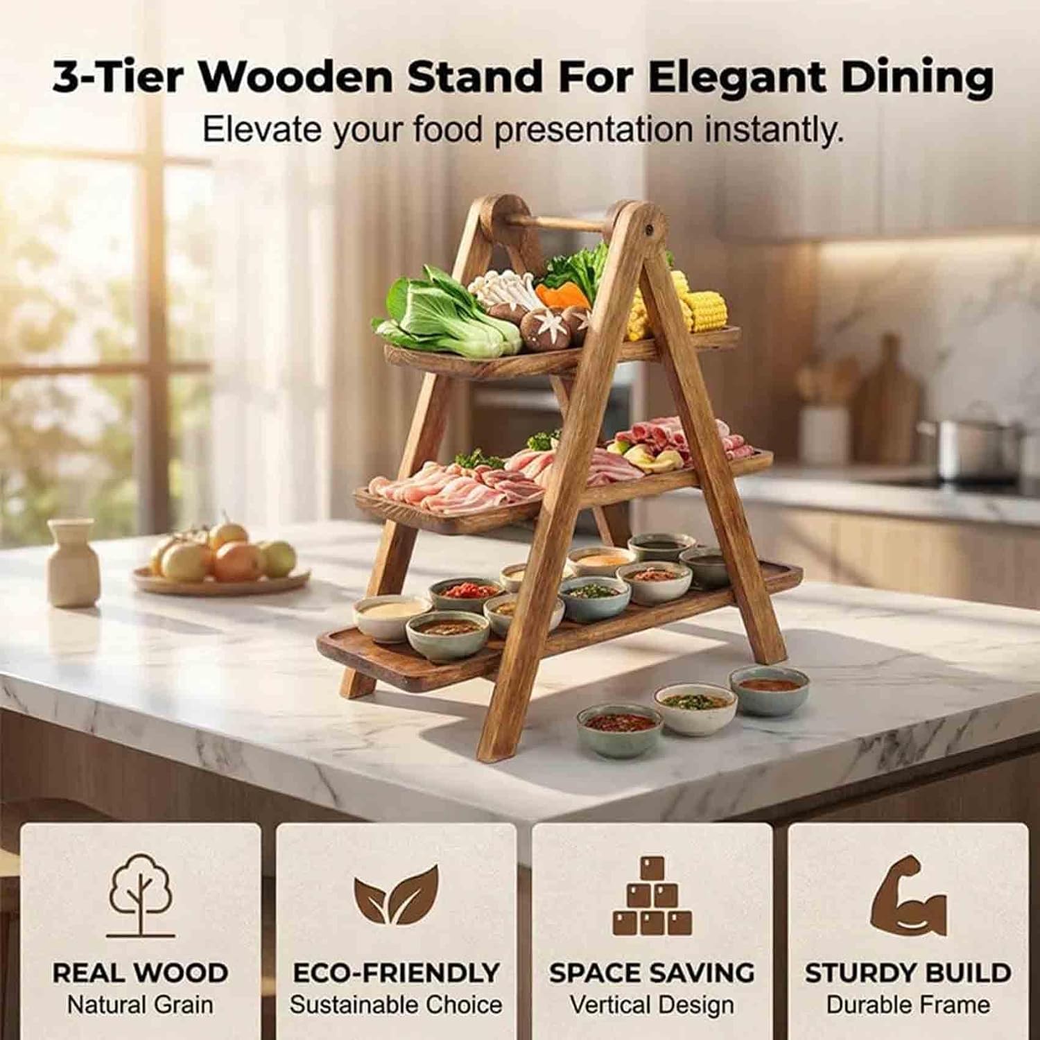 3-Tier Wooden Serving Tray Set, Rustic Farmhouse Tiered Serving Stand for Parties,Collapsible Cupcake & Charcuterie Board Platter,Wood Dessert Tower for Food Entertaining,Dessert Table Display Set (A)