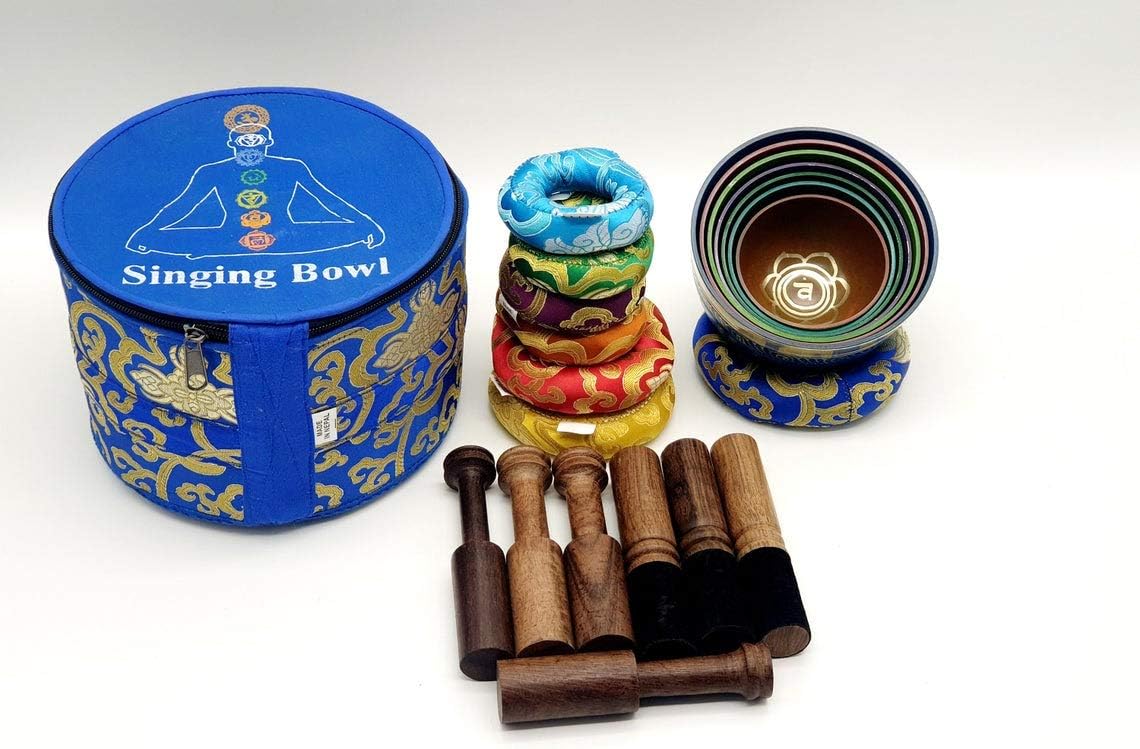 Nepal-Chakra Singing Bowl Set of 7 - Handcrafted Tibetan Sound Healing Bowls Gift Set Includes Carry Bag Seven Colors Cushion Mallet (7 Pcs)