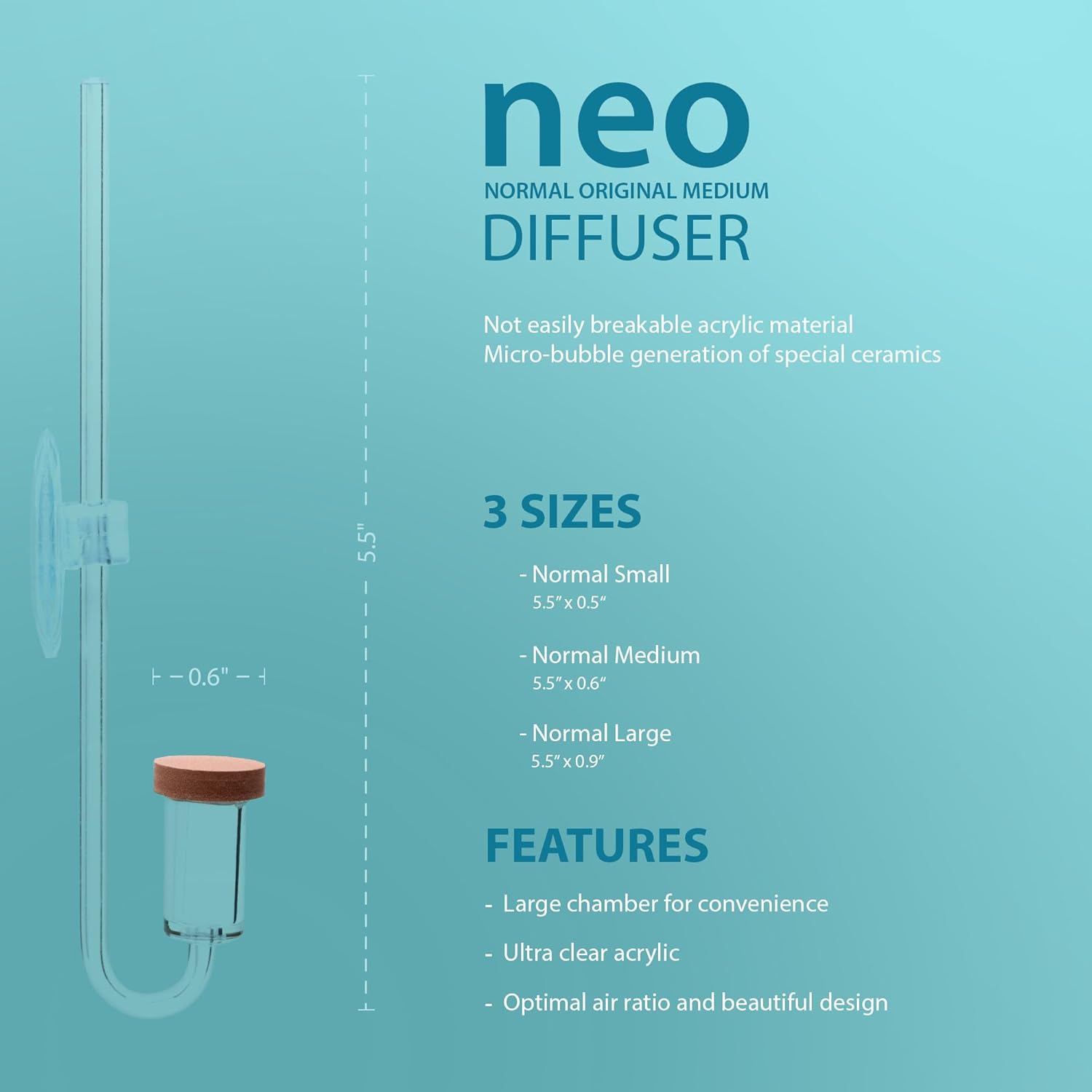 Aquario Neo CO2 Aquarium Diffuser - CO2 Diffuser Aquarium Kit, CO2 Diffuser for Aquarium Plants, CO2 System for Aquarium - Normal Original Diffuser, Medium