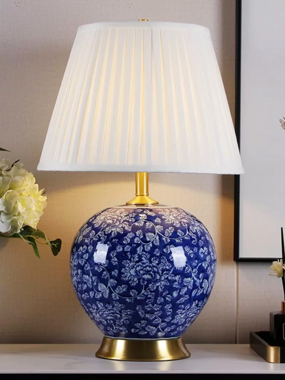 Lampka nocna do sypialni – ceramiczna lampa do salonu, lampka nocna z białym lnianym odcieniem, nowoczesna lampa do sypialni (przełącznik zdalnego sterowania)