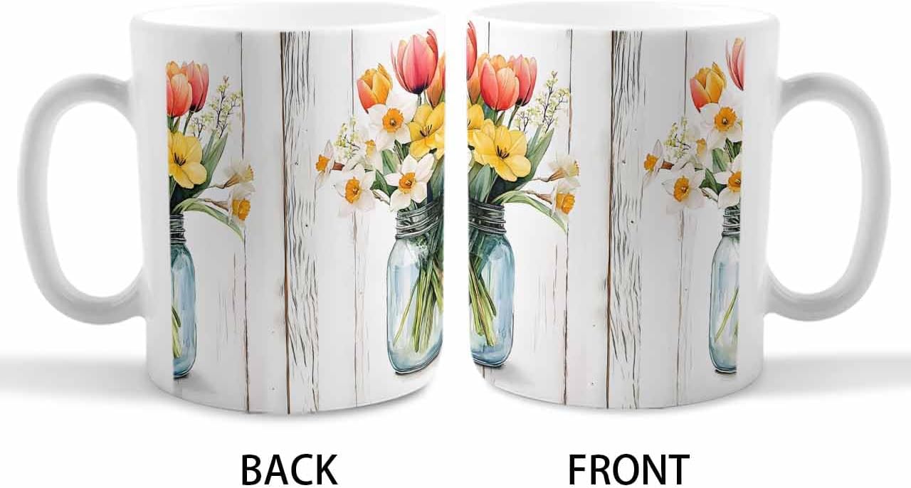 BEMIGO Ceramic Coffee Mug Spring Flower Vase Ceramic Mug White Cup, Vintage Wood Grain Insulated Coffee Cup with Handle with Pattern Perfect for Tea and Hot Beverages, 12oz