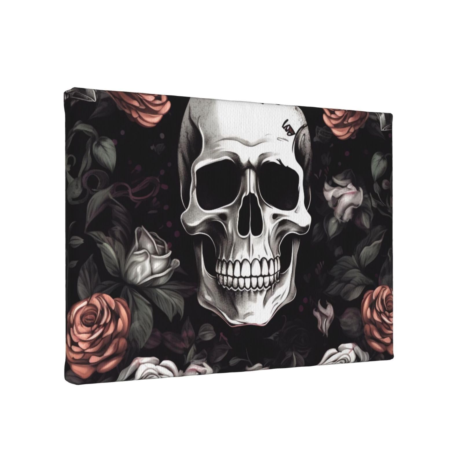 YKLJG Black Floral halloween Skull Printed Wall Art Canvas Painting 30x20 CM Wooden Framed Picture Painting Artwork Prints for Bedroom Kitchen Home Office Decor