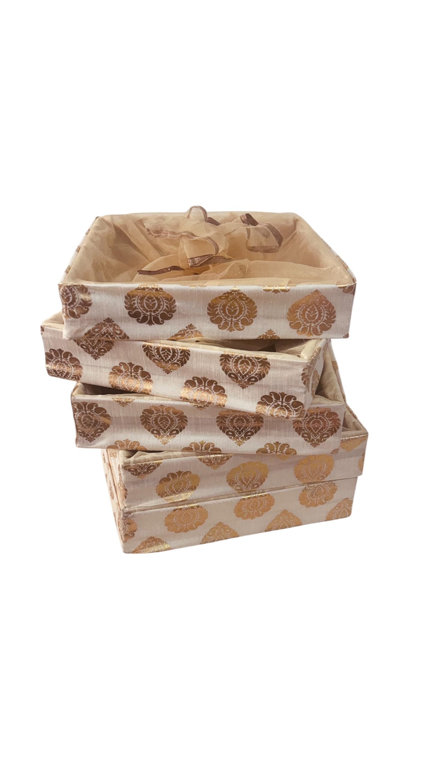 Vayu Art & Crafts Golden Square Shagun Tray Combo Pack | Net Decorated Wedding Gift Hamper Trays | Ideal for Dry Fruit, Bridal Favor & Ceremony Presentation Trays (Pack of 5, 12X12X2.25" Inches)