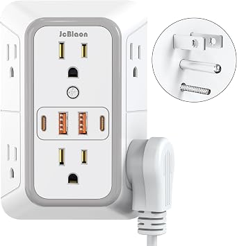 JcBlaon Outlet Extender Surge Protecto, 6 Outlet Extender with 4 USB Ports, 3 Sided 1050J Power Strip, Multiple Plug Expander Wall Charger for Home Office Travel-ETL