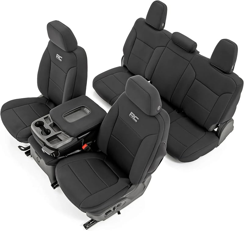 Neoprene Seat Covers for Chevy Silverado & GMC Sierra 1500 (2019-2026) w/No Rear Seat Storage or Cup Holder - Waterproof & UV Resistant, Foam Padded, Front & Rear Row Cover Set