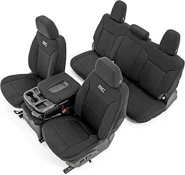 Rough Country Neoprene Seat Covers for Chevy Silverado & GMC Sierra 1500 2019-2026 w/No Rear Seat Storage or Cup Holder - Waterproof & UV Resistant, Foam Padded, Front & Rear Row Cover Set