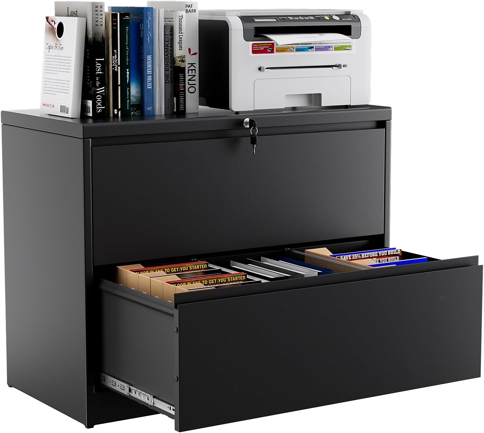 Lateral File Cabinet with Lock,2 Drawer File Cabinet for Home and Office, Organizer Storage Lateral Locking Filing Cabinet, Black