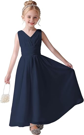 Chiffon Flower Girl Dress with Long A-Line Jr Bridesmaid Gown 696 | Girls Sleeveless Chiffon Flower Girl Dress V-Neck Junior Bridesmaid Maxi Gown with Back Waist Tie for Wedding