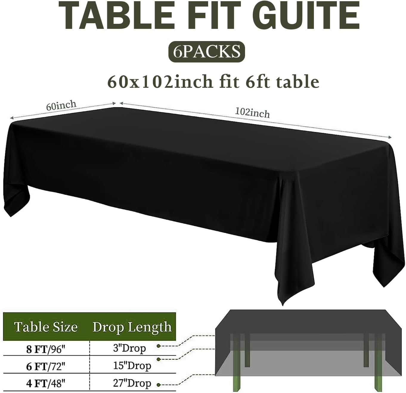 Black Table Cloths Rectangle, 6 Pack 60 x 102 Inch, Polyester Washable Fabric Tablecloth for Wedding Banquet, Restaurant, Parties - Image 2