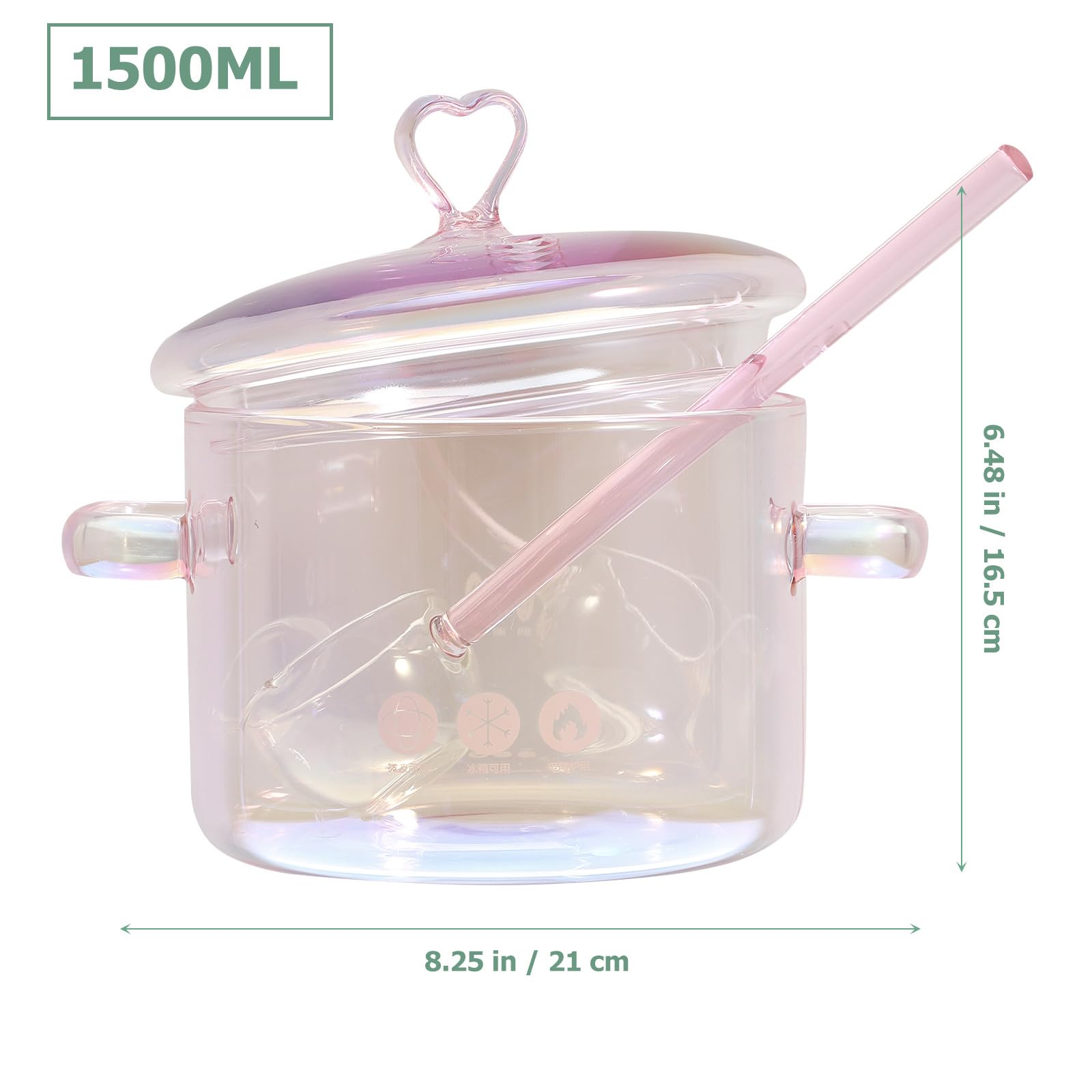 Olla de Vidrio Rosa de 1500ml con Asa y Cuchara para Cocina