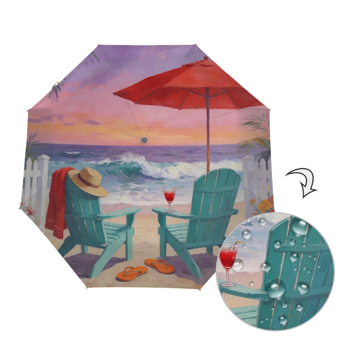 Ombrello pieghevole con pittura a olio e tramonto da spiaggia, ombrello da viaggio, compatto, antivento, impermeabile, con protezione UV, rivestimento nero, leggero, 8 costine, portatile, per