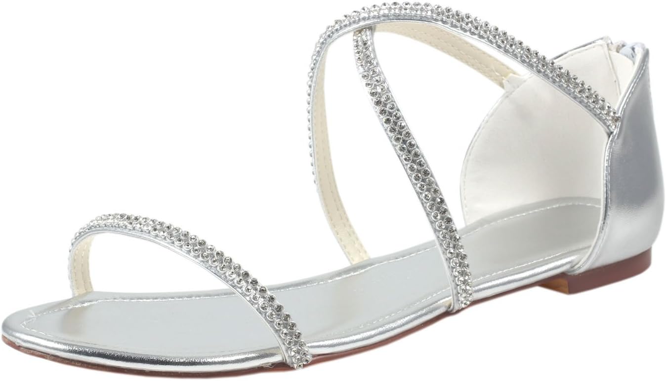 Emily Bridal 331-11 Women's Wedding Shoes Open Toe Flat Heel Satin Flats with Rhinestone Bridal Shoes (EU40/9 B(M) US, Silver)