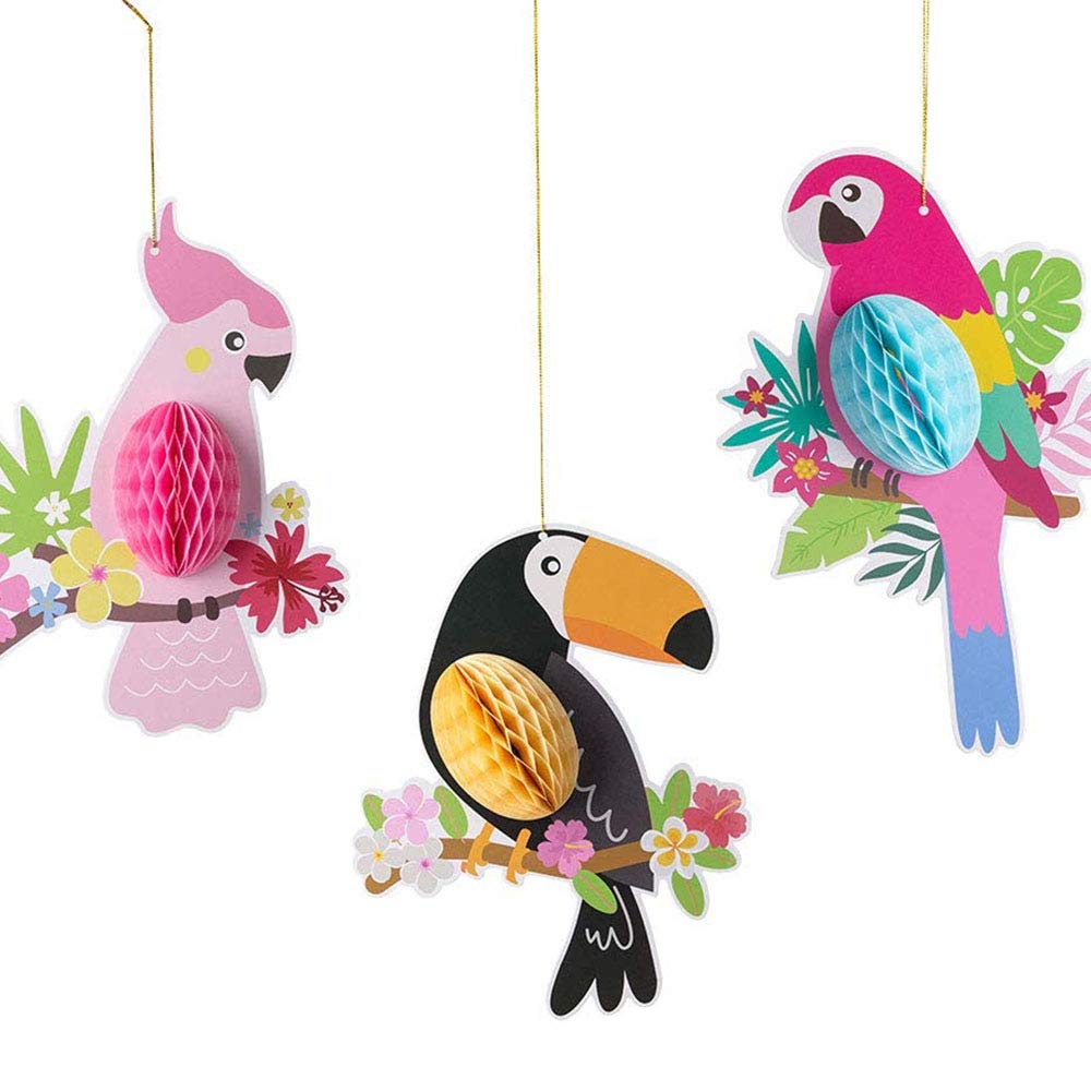 ANCLLO 3 Pcs Paper Tropical Bird Honeycomb Balls Hanging Birds Toucan Parrot Decorations for Luau Summer Tropical Birthday Party Decorations