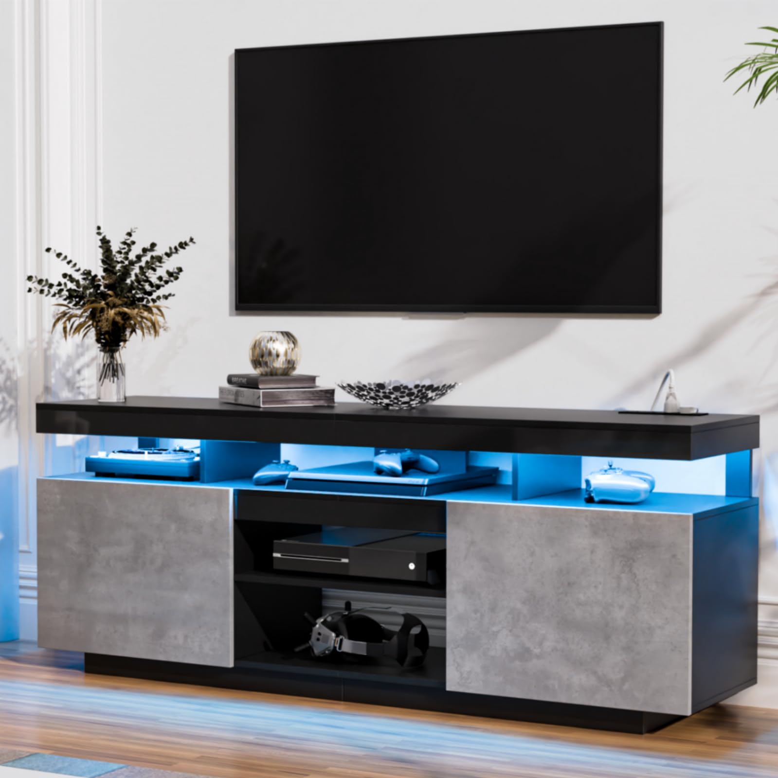 LED High Gloss TV Stand Entertainment Center For TVs Up To 70 Inches - Modern White