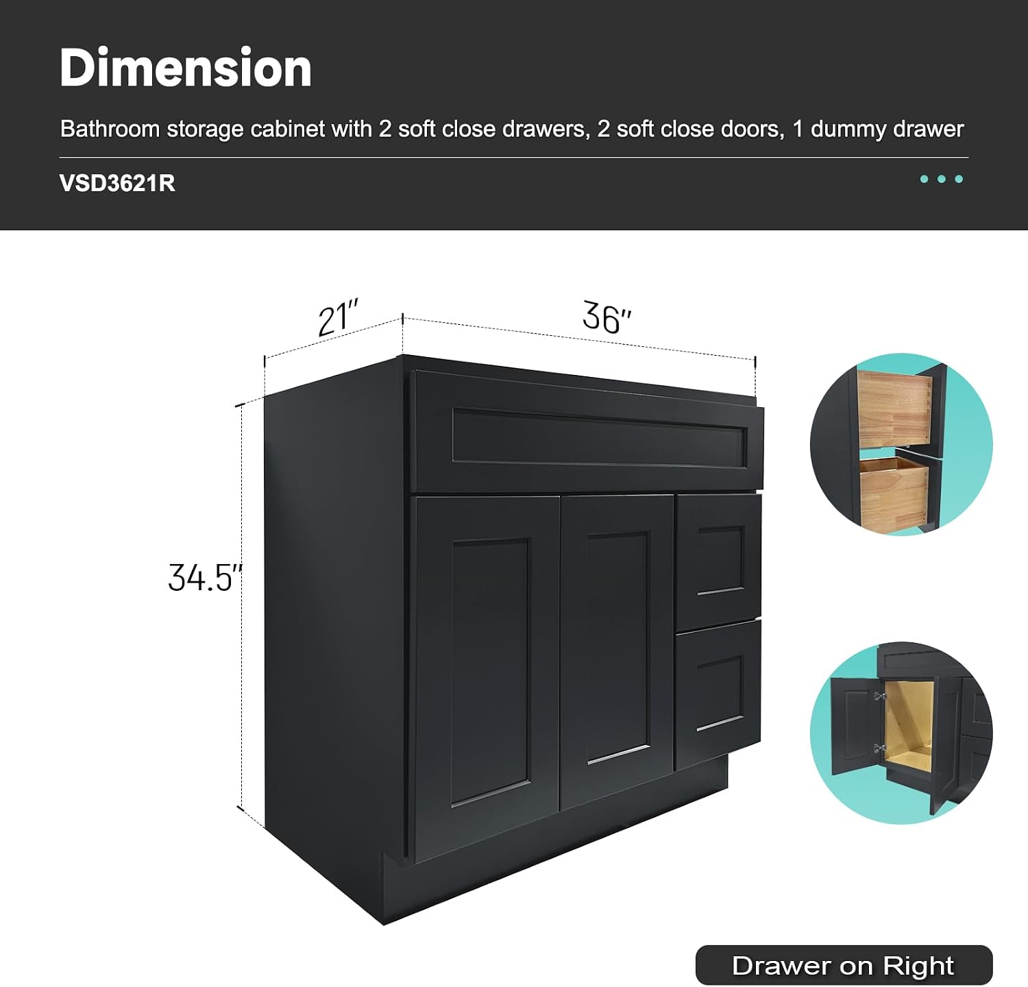 36" Bathroom Vanity Cabinet for Primary Bathrooms, Vanity Base with 2 Soft-Close Doors and 2 Drawers, Ready-to-Assemble (Graphite Gray, 36" W X 34.5" H X 21" D)