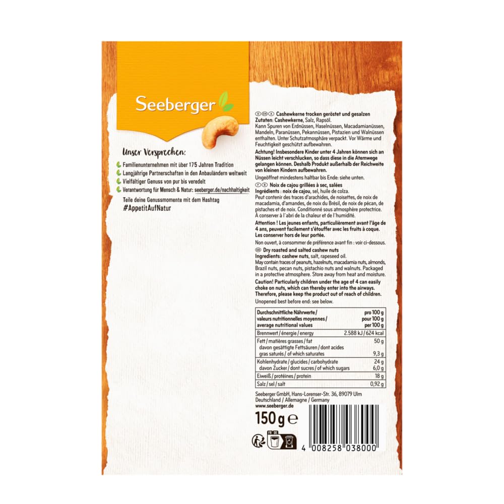 Seeberger Cashewkerne geröstet & gesalzen 5er Pack: Ganze Cashew Nüsse feinstens veredelt - knackige Kerne in guter Qualität, vega, Gesalzenn (5 x 150 g)