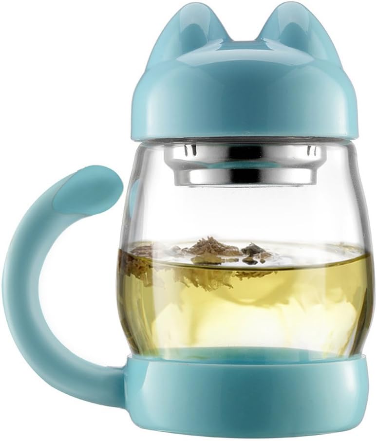 Portable Cute Mugs, 420ml/14oz Heat Resistant Tea Cup with a Lid and Strainer,Free with a Cat Picture Coaster (Blue), 4.3