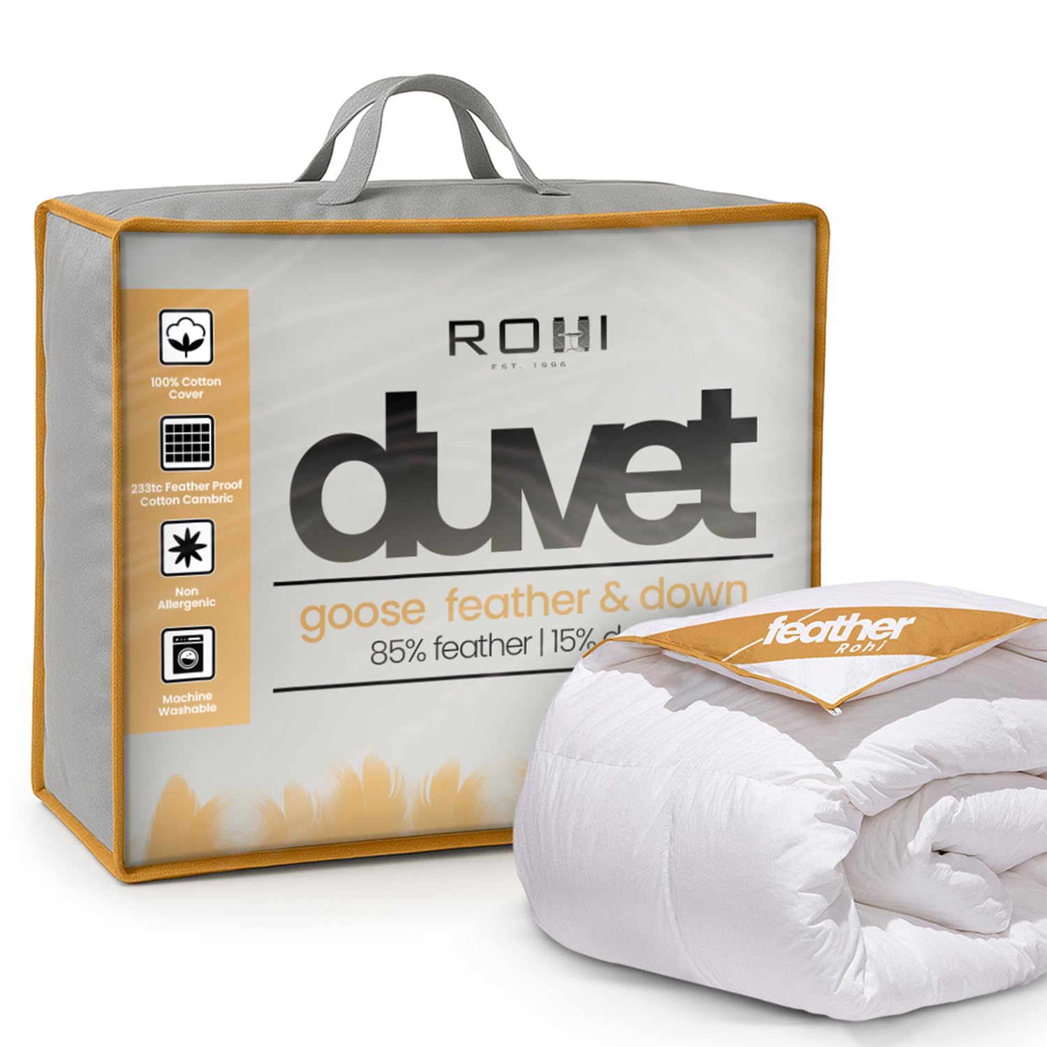 Rohi Luxurious White Goose Down Feather Quilted 13.5 Tog Single –100% Cotton Shell Hypoallergenic Down Proof Goose Feather Duvet – Warmth without Weight – Goose Feather & Down Filled Quilt - Single