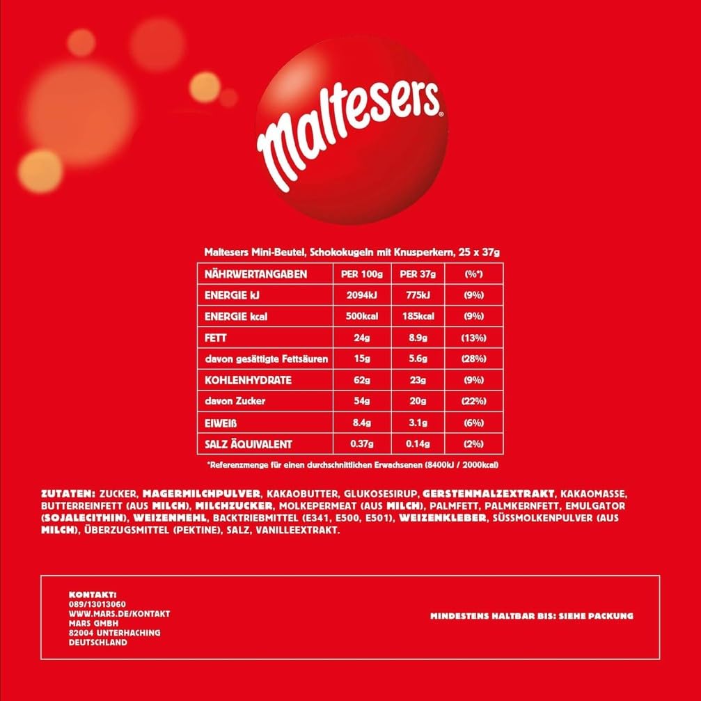 Maltesers Schokoladen Großpackung, 25 x 37g, Schokokugeln mit Schokolade, Süßigkeiten Geschenk Idee, Schoko Großpackung, Mini Beutel