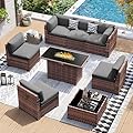 UDPATIO Patio Furniture Set with 44'' Fire Pit Table, 8 PCS Outdoor Sectional Furniture Sets, Slanted Back Outdoor Conversation Set PE Rattan Sofa for Porch W/Coffee Table,Cover, Grey