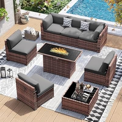 UDPATIO Patio Furniture Set with 44'' Fire Pit Table, 8 PCS Outdoor Sectional Furniture Sets, Slanted Back Outdoor Conversation Set PE Rattan Sofa for Porch W/Coffee Table,Cover, Grey