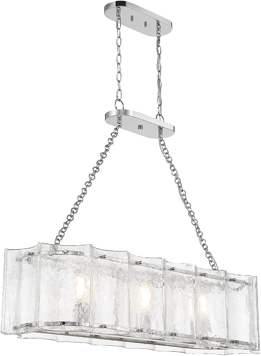 Savoy House 1-8203-3-109 Genry Coastal Farmhouse Clear Water Piastra Glass Linear Chandelier, 3-Light 180 Total Watts, 32" H x 13" W, Polished Nickel
