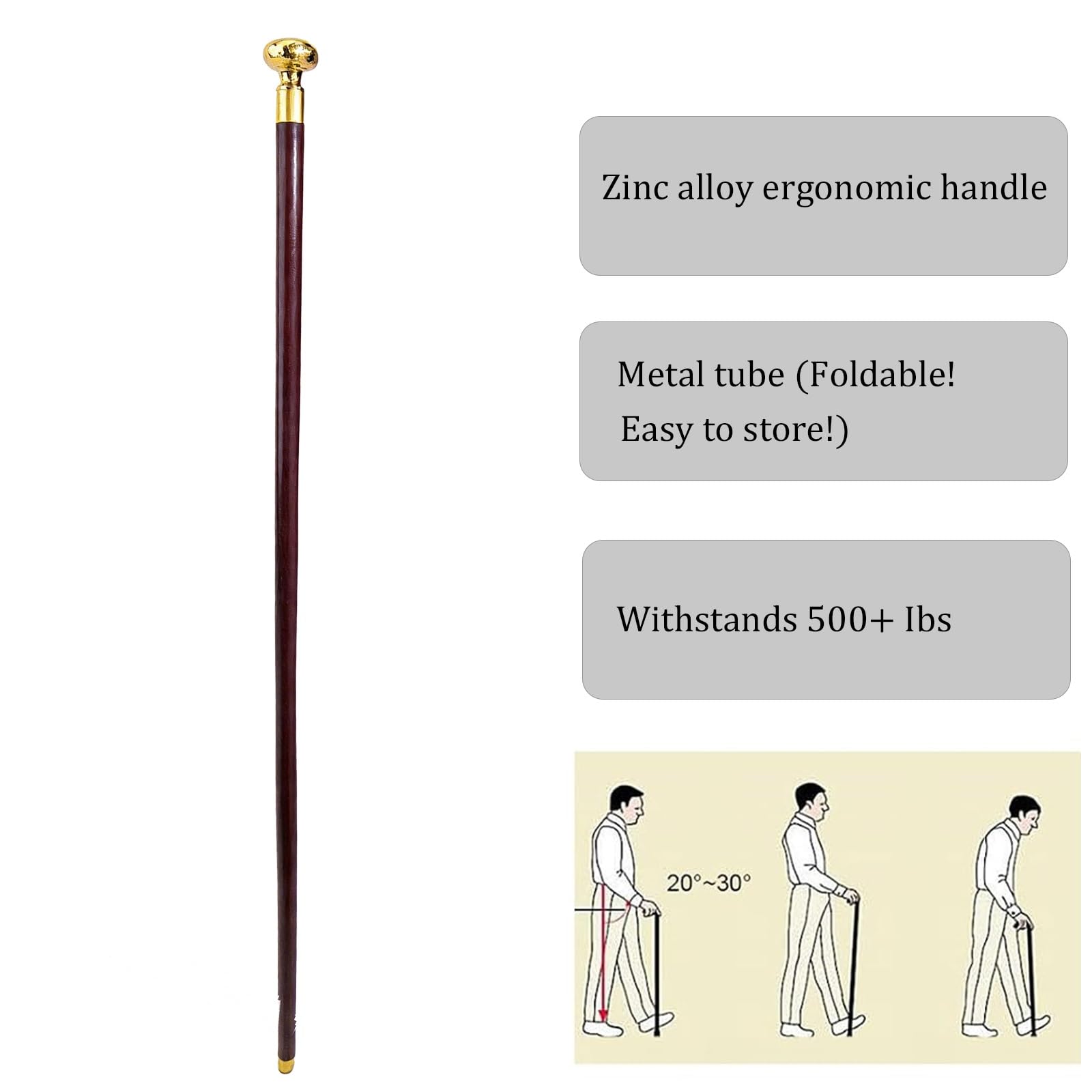 Bastone da Passeggio in Legno Massello, Bastone Antiscivolo | 35 pollici, portata 500 libbre, per feste in stile cosplay e vintage, adatto agli anziani