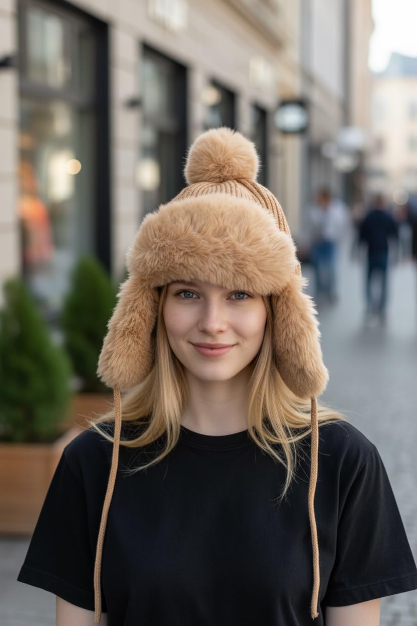 Tristan Home Winter Knit Trapper Hat with Faux Fur Trim and Pom Pom, Light Brown, One Size