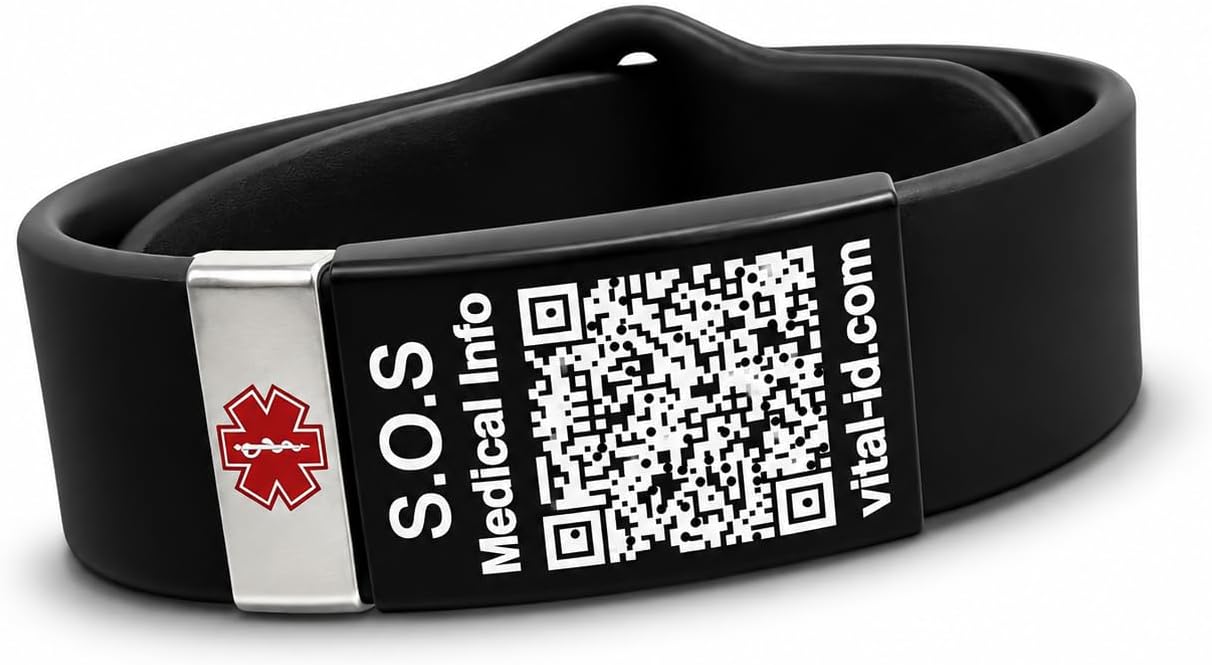 Vital ID QR Sport Medical Emergency Bracelet (Black) – ID Bracelet with Access to Medical Information for Sports, Travel, and Daily Use