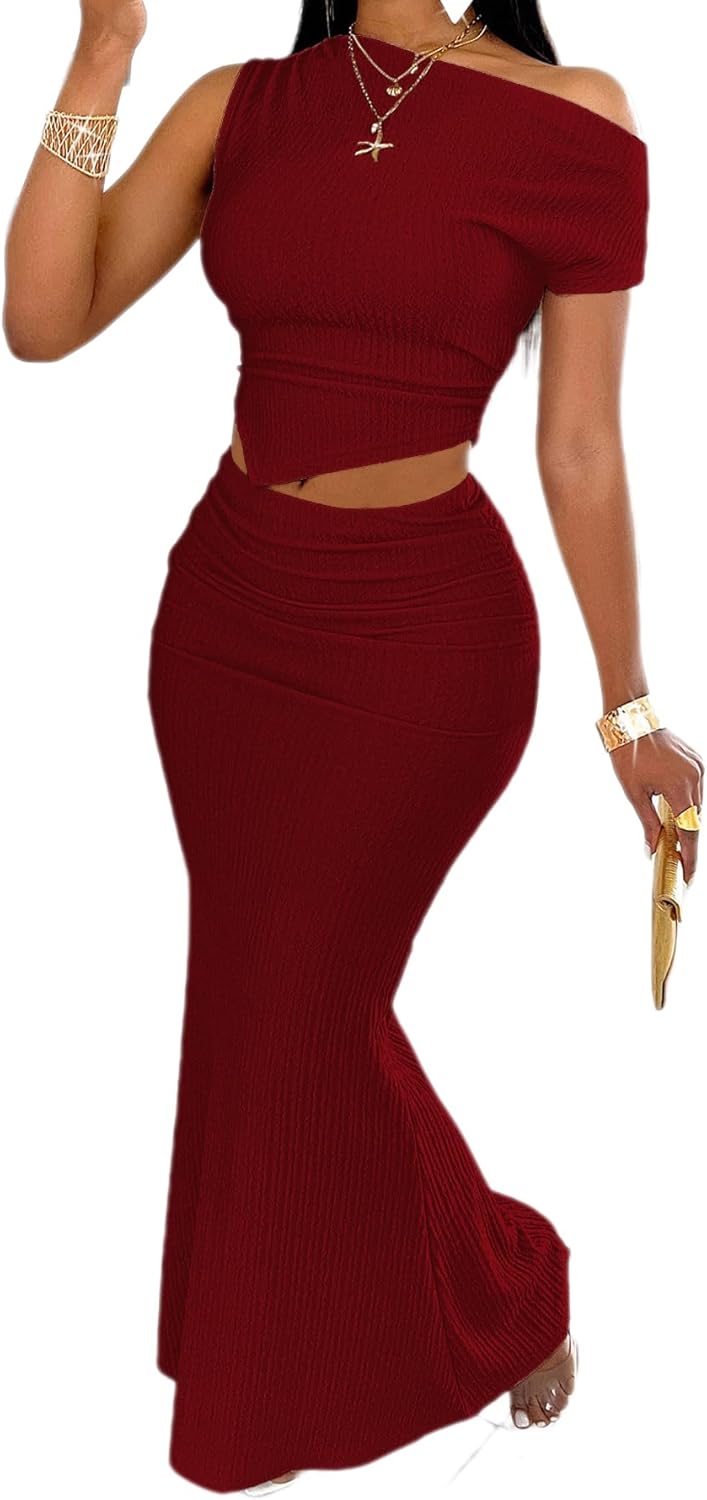 BARASA Two Piece Sets For Women Summer One Shoulder Tops Bodycon Maxi Skirt Set Vacation Sexy Outfits DSA75