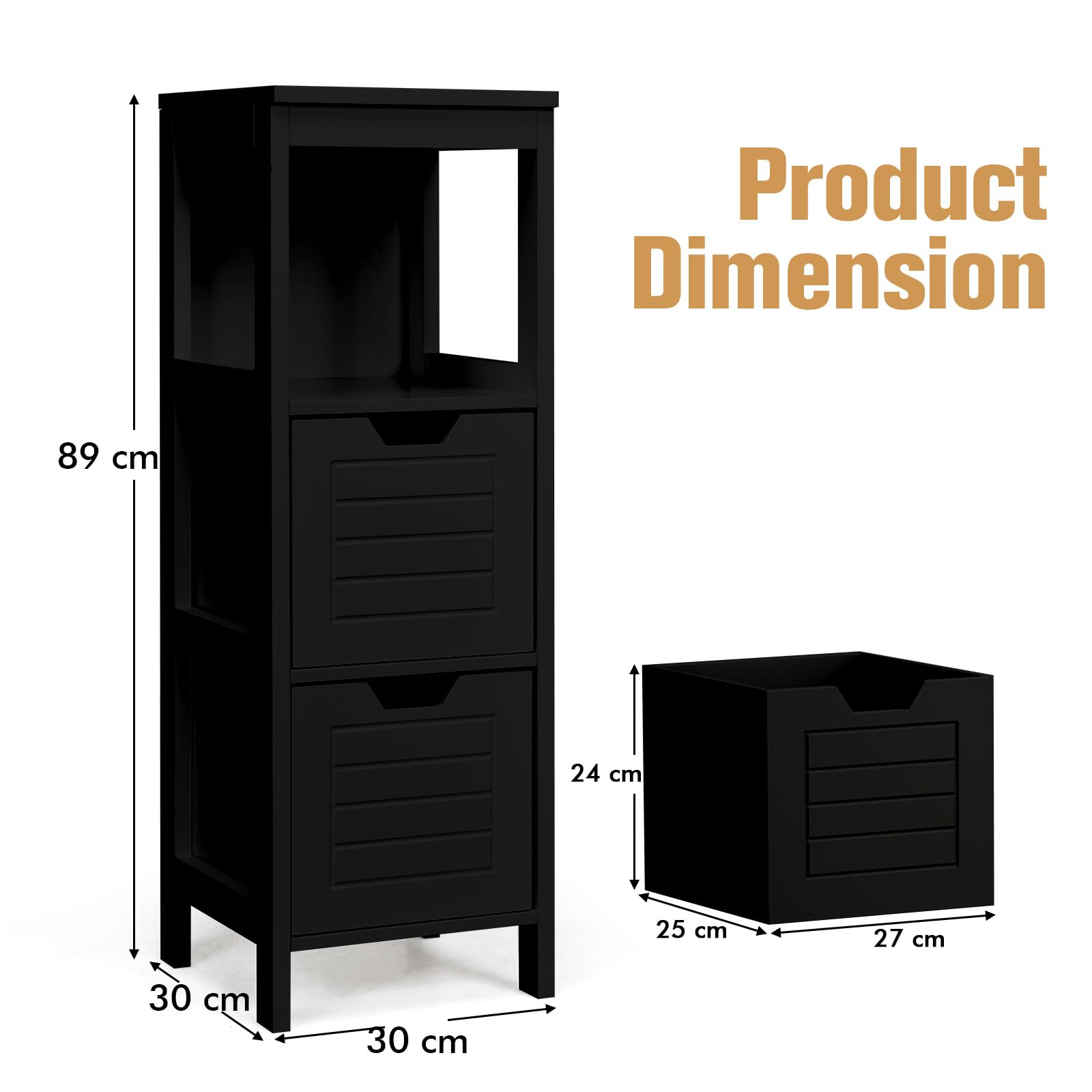 GIANTEX Badezimmerschrank, Schmaler Badeschrank mit 2 Schubladen, 30 x 30 x 89 cm, freistehender Schrank für Badezimmer & Wohnzimmer, Badkommode Aufbewahrungsschrank (Schwarz)