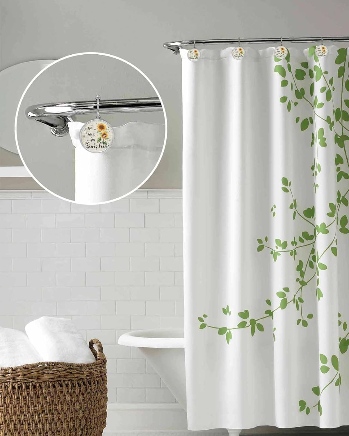 Farmhouse Sunflower Shower Curtain Hooks 12 Pcs Vintage Flower My Sunshine Stainless Steel Rust Proof Rolling Shower Curtain Rings, Decorative Shower Curtain Hooks Hangers for Bathroom