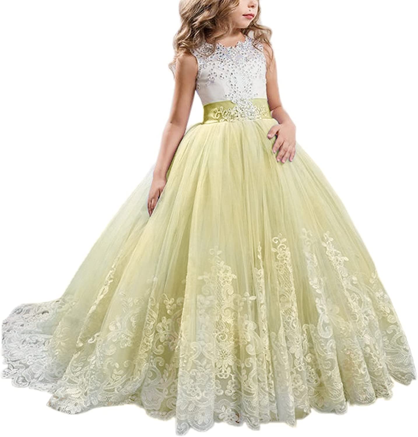 Fuomomo Long Lace Dress for Girls - Tulle Princess Pageant Dress - Flower Girls Formal Evening Party Dress - Yellow