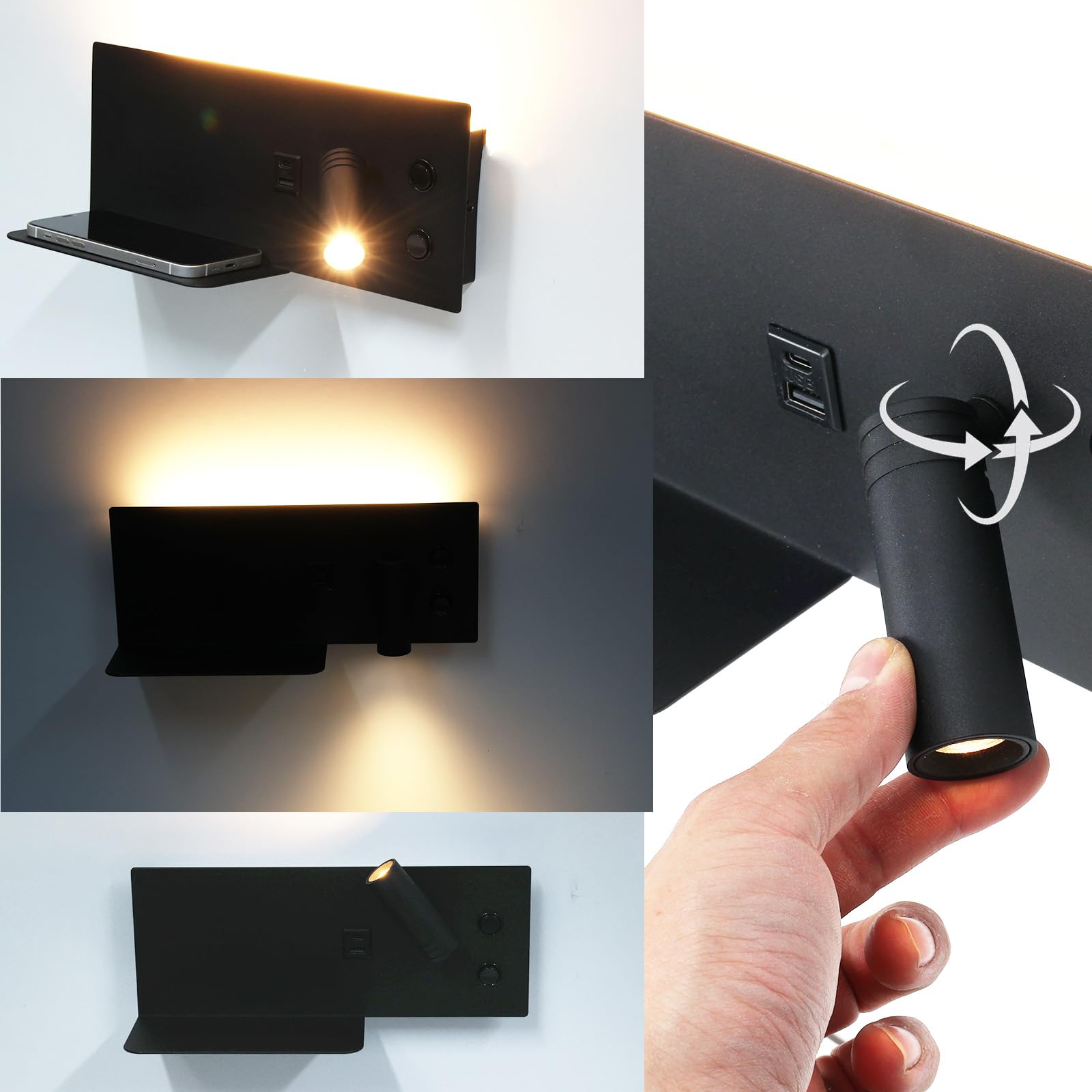 Alpinaluz Applique da Parete Moderno Nero Opaco con Faretto Destro, Luce Calda 2700K, Porta di Ricarica USB-C e USB-A, Luce Ambientale con Diffusore in Acrilico, Supporto per Cellulare e Due