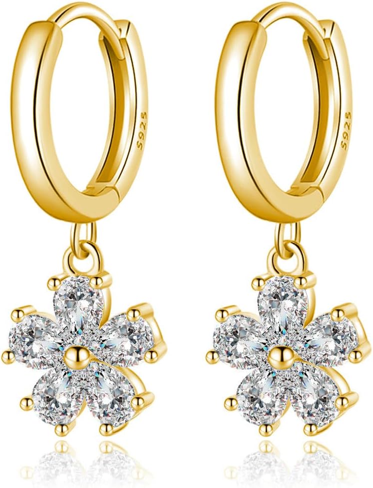 Reffeer Solid 925 Sterling Silver CZ Flower Drop Hoop Earrings for Women Girls Flower Huggie Earrings Drops for Summer Spring