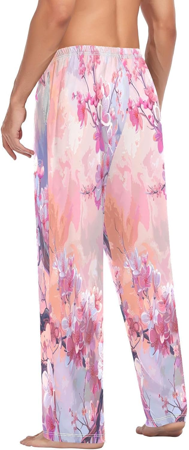 ALAZA Pink Cherry Blossoms Painting Men's Pajama Pants Men Cotton Pajama Bottoms with Pockets, S